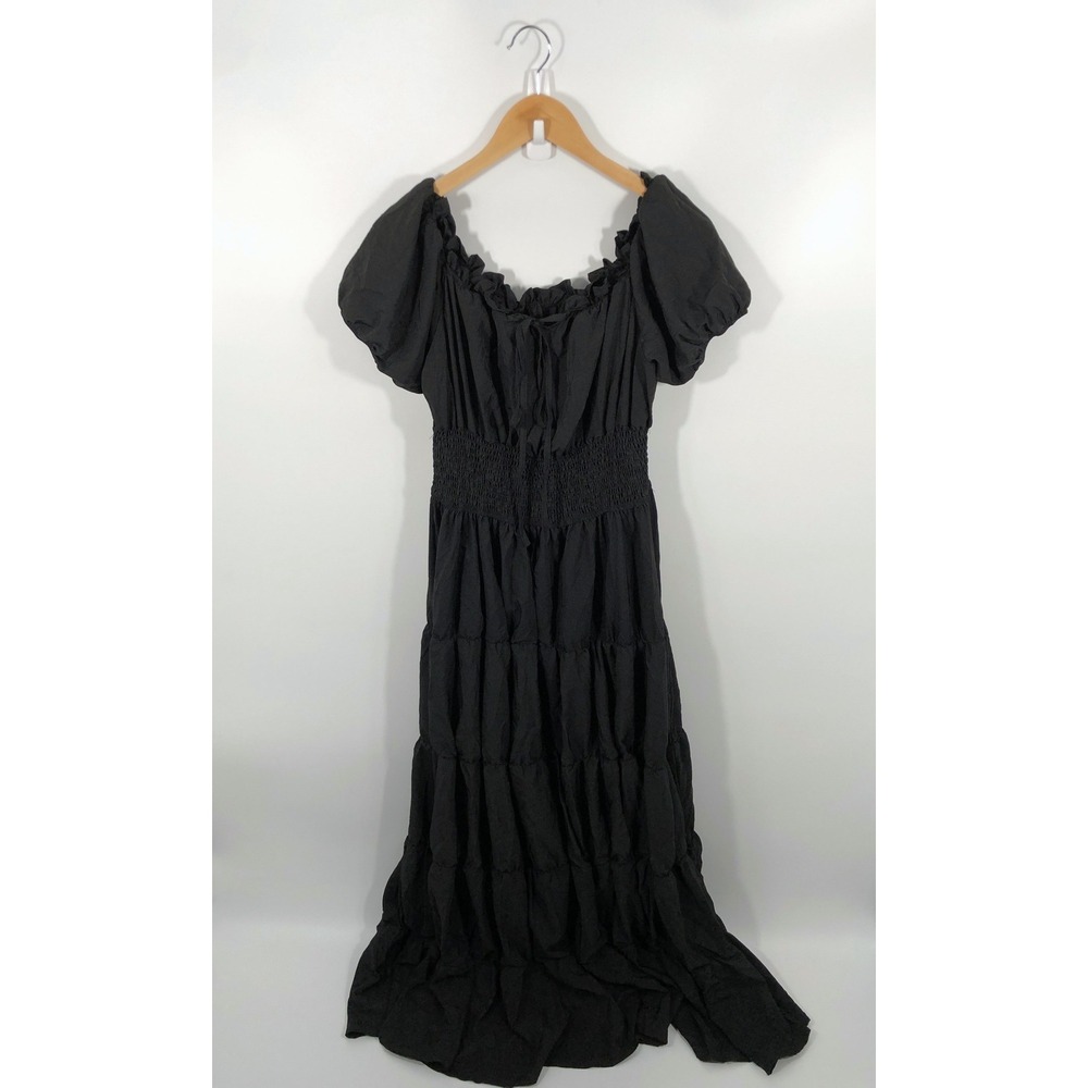 Whimsigoth Dark Fairy Womens Maxi Dress 2XL Black Tiered Ruffle Milkmaid Goth